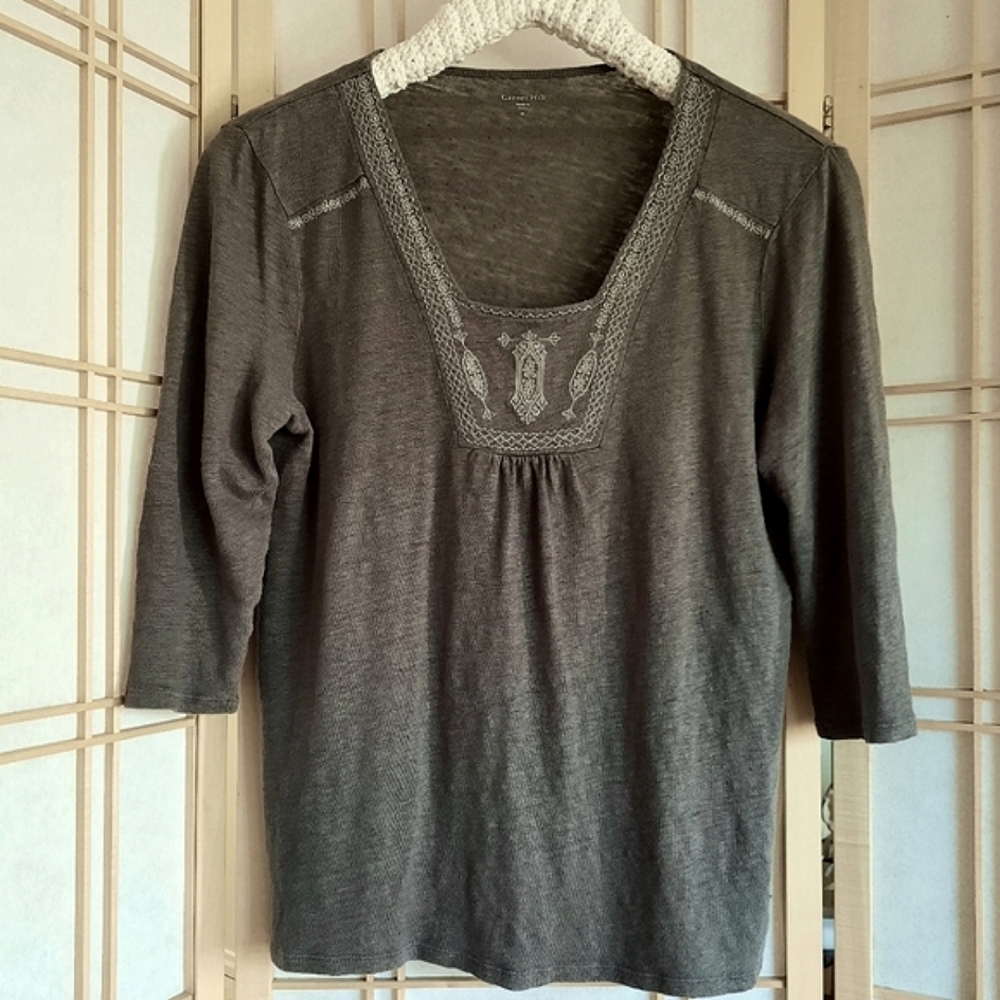 Garnet Hill Embroidered Linen Jersey Top Size M